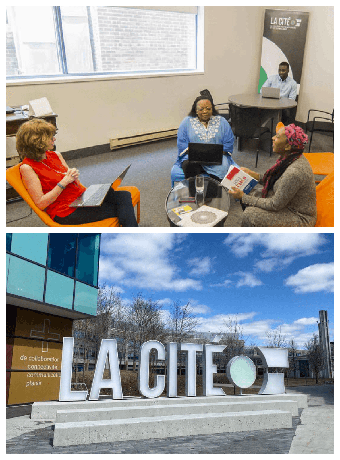 Imagen de collage de cuatro empleados trabajando en una oficina junto a un cartel exterior de La Cité.