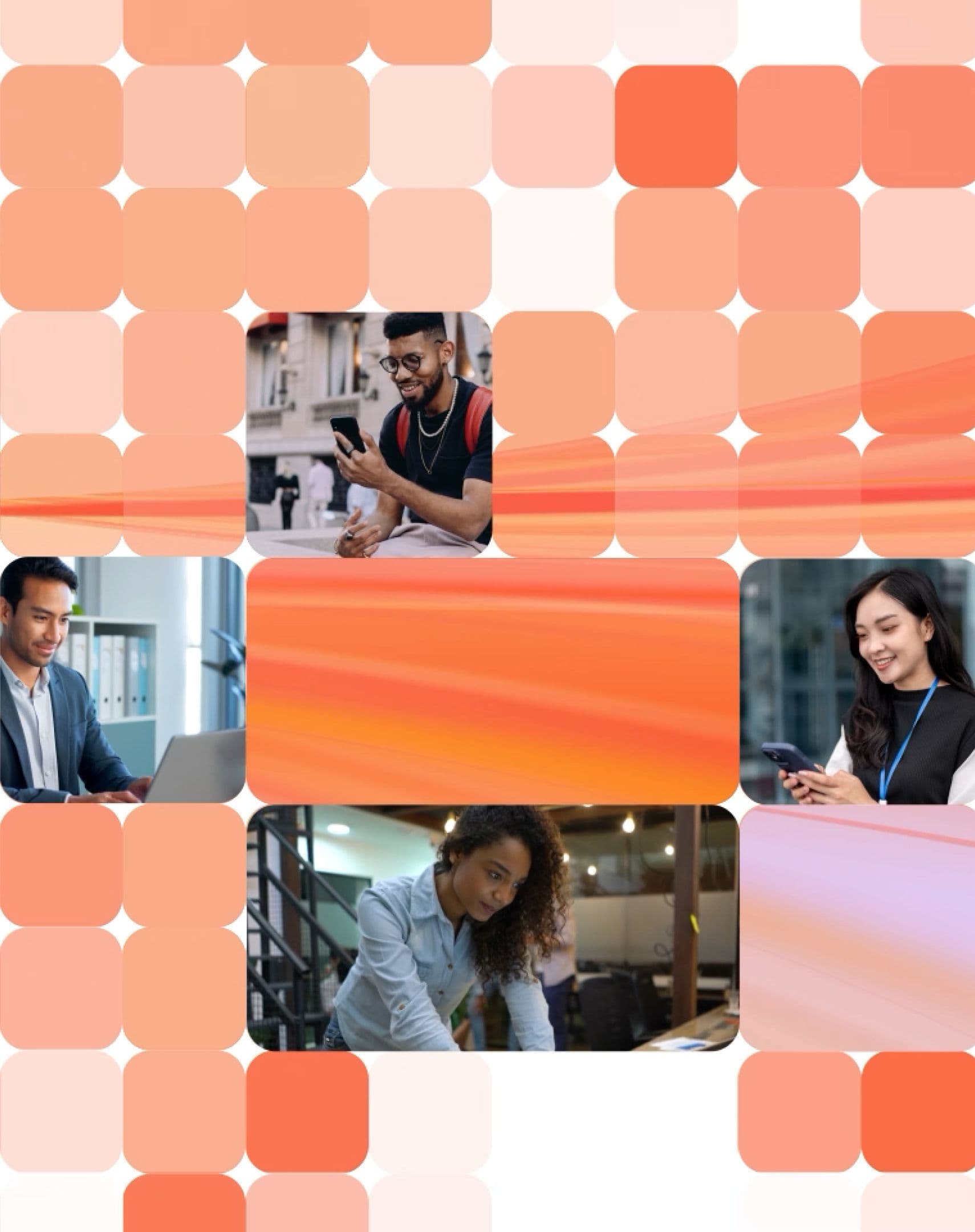A collage of four photos showing diverse people using phones and laptops, mixed with orange and white square patterns.